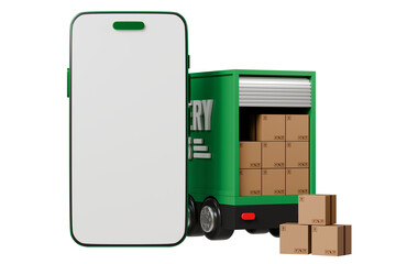Poster - 3D Green Truck delivery car with mobile phone empty screen icon on isolated purple background. Online shopping or E-commerce concept. Minimal cartoon truck logistic car. banner, copy space. 3d render.