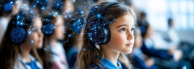 Poster - A classroom setting where students are learning with the aid of an AI-powered educational tool demonstrating the future of AI in education Stock Photo with copy space