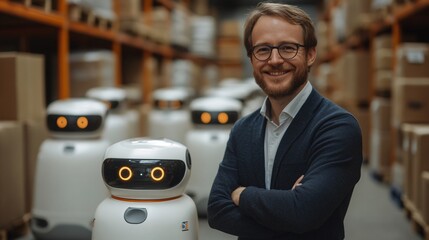 Poster - A logistics manager in a warehouse tracking shipments with AI software as autonomous robots move packages in the background Stock Photo with copy space
