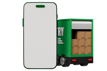 Wall Mural - 3D Green Truck delivery car with mobile phone empty screen icon on isolated purple background. Online shopping or E-commerce concept. Minimal cartoon truck logistic car. banner, copy space. 3d render.