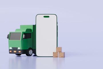 Poster - 3D Green Truck delivery car with mobile phone empty screen icon on isolated purple background. Online shopping or E-commerce concept. Minimal cartoon truck logistic car. banner, copy space. 3d render.