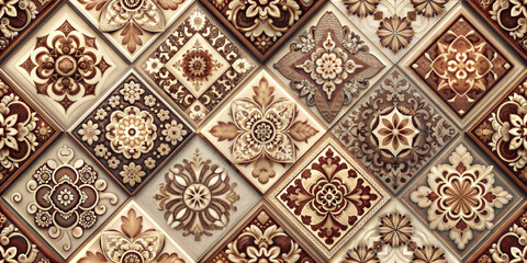 Ornate patterned tiles in warm tones for interior decoration concept