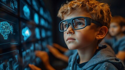 Poster - A classroom setting where students are learning with the aid of an AI-powered educational tool demonstrating the future of AI in education Stock Photo with copy space