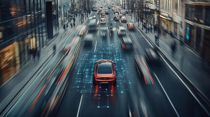 Poster - An autonomous vehicle navigating through a busy city street with sensors and AI systems ensuring safe travel Stock Photo with copy space