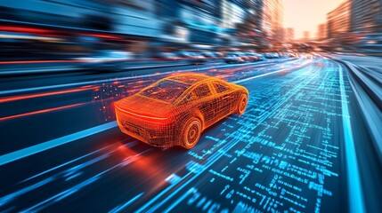 Aufkleber - An autonomous vehicle navigating through a busy city street with sensors and AI systems ensuring safe travel Stock Photo with copy space