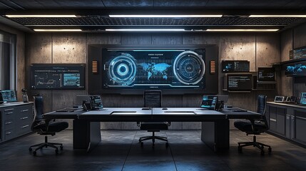 Poster - A high-tech workspace with holographic AI interfaces allowing professionals to manipulate data in a 3D environment Stock Photo with copy space