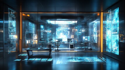 Poster - A high-tech workspace with holographic AI interfaces allowing professionals to manipulate data in a 3D environment Stock Photo with copy space