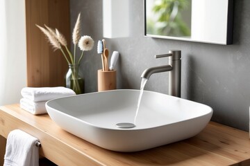 Wall Mural - Modern Bathroom Sink with Running Water and Minimalist Decor