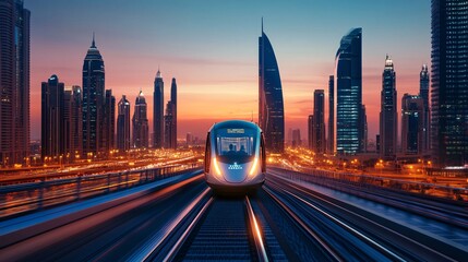 Poster - A futuristic city managed by AI with smart buildings and autonomous public transportation systems Stock Photo with copy space
