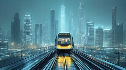 Poster - A futuristic city managed by AI with smart buildings and autonomous public transportation systems Stock Photo with copy space