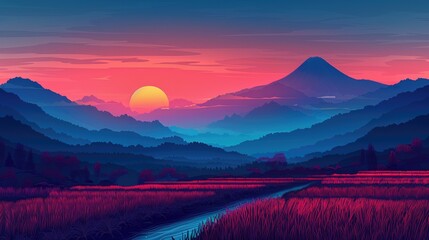 Wall Mural - Sunset Over Silhouetted Mountain Range with River in Foreground