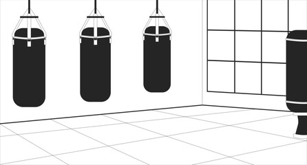 Martial arts gym empty black and white line illustration. Exercise room with punching bags 2D monochrome backdrop. Kickboxing karate practice schoolroom. Boxing bags sport center outline vector