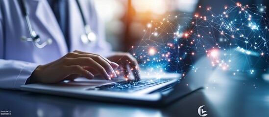 Poster - A healthcare professional analyzing patient data with the help of AI software predicting outcomes and suggesting treatments Stock Photo with copy space