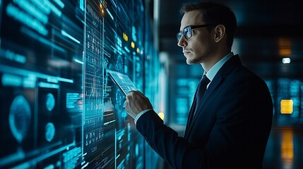 Poster - A business executive reviewing AI-generated market analysis reports in a modern office setting Stock Photo with copy space