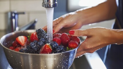 Fresh berries being washed under running water in kitchen sink, close-up photo