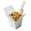 © Sariyono - Takeout box with tasty Asian noodle dish, chopsticks, and vegetables. Concept of quick and convenient meal, to go food, fusion cuisine, Asian fusion