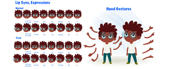 African boy in cartoon character with tired face expression and lip sync. Set of boy with various hand gesture and front and 1/3 standing pose.