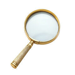 Golden magnifying glass with wooden handle isolated on white background, perfect for exploration, investigation, and detail examination.