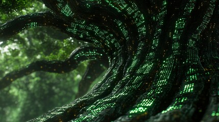 Aufkleber - An abstract representation of AI as a digital tree with branches of code and data streams Stock Photo with copy space