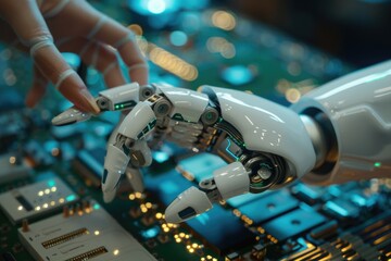 Poster - A person is touching the hand of a robotic arm resting on a computer motherboard