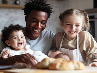 Joyful multiracial children at play as parents cook and work remotely in a family home setting