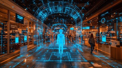 Aufkleber - A retail store where AI monitors customer behavior and optimizes the shopping experience in real-time Stock Photo with copy space