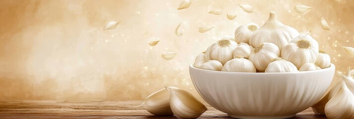 Sticker - Fresh garlic cloves in a white bowl on a wooden table with a soft, golden background.