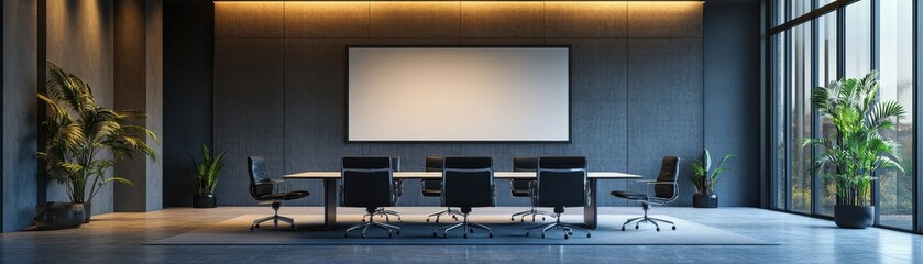 Wall Mural - Modern Conference Room with Large Screen, Stylish Furniture, and Natural Light from Floor-to-Ceiling Windows