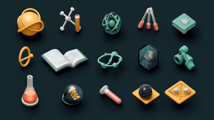 A 3D icon set representing various sciences like physics, chemistry, biology, and astronomy. Each icon is isolated on a transparent background, symbolizing study and knowledge.