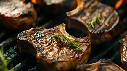 Close-up of grilled pork chops with rosemary sprigs on a hot grill.