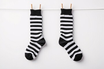 Two black and white striped socks hanging on a clothesline.