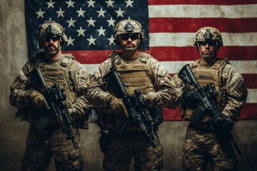 Us army soldiers armed with weapons posing proudly with the american flag in a patriotic setting