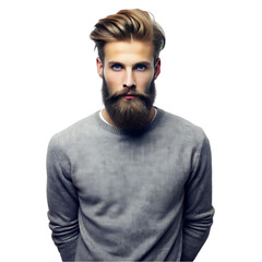 Portrait of attractive bearded young Caucasian man in casual gray t-shirt standing against wall , looking serious and confident