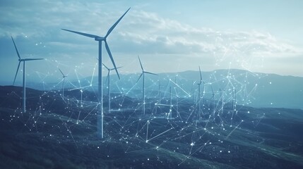 Poster - aerial panoramic view of a renewable wind turbine farm generating clean electricity and sustainable 