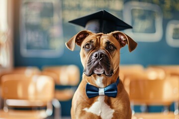 Cute dog wearing graduation hat on blurred classroom background