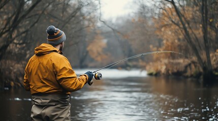 Poster - A man in an orange jacket is fly fishing in a river.