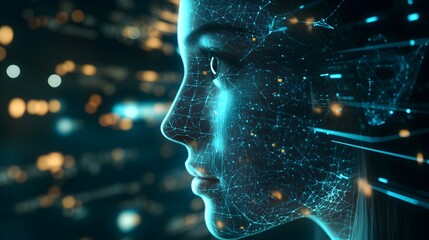 Poster - Closeup view of a virtual twin displaying intricate data overlays and visualizations showcasing advanced digital technology and complex analytics with ample copy space