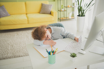 Poster - Photo of charming tired adorable girl learner sleep desktop education from home flat daylight indoors