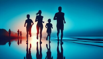 scenic view of a group of people jogging. Men, women, and kids running