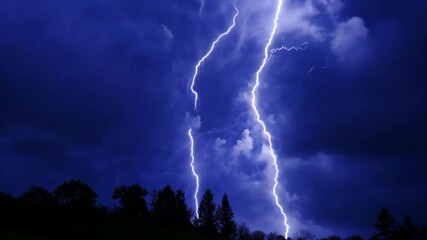 spectacular lightning illuminates the night sky over a quiet countryside landscape