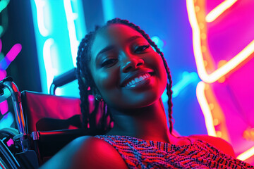 Young african american woman in a wheelchair, neon party lights around