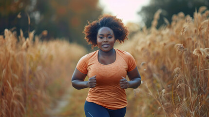 A plus-size black woman in sportswear runs through an autumn park, soft colors of daylight. The concept of fighting excess weight, losing weight and morning jogging.