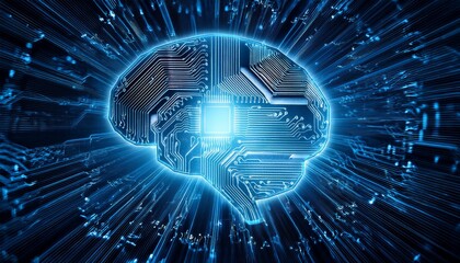 Poster - intricate circuit board with illuminated brain symbol representing artificial intelligence technolog