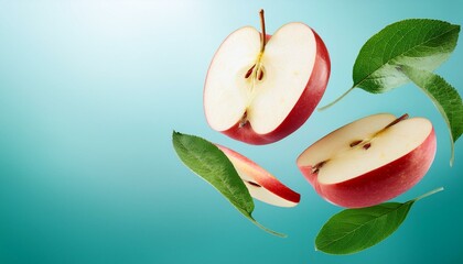 Wall Mural - Apple with half slices falling or floating in the air with green leaves