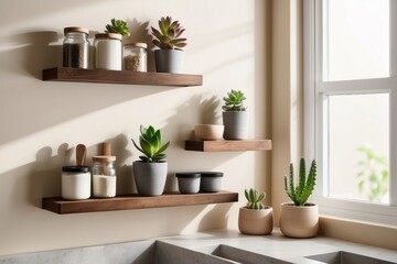 Wall Mural - Kitchen with Wooden Shelves, Plants, and Jars