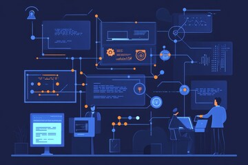 Wall Mural - Software development workflow  flowchart for branching, merging, and release management