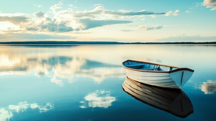 Poster - A small white boat floats on a calm lake with blue sky and clouds reflected on the water.