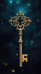 Bright shiny vintage antiquity golden key with ornament in gothic style, mystery blue boke background.