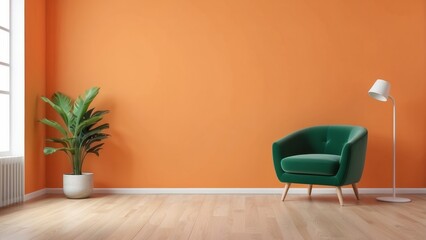 Wall Mural - Green Armchair in Minimalist Living Room with Orange Wall