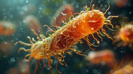 Close-up photo of bacteria with tendrils, floating in a dark aquatic environment, showcasing microbiology and the unseen microscopic world